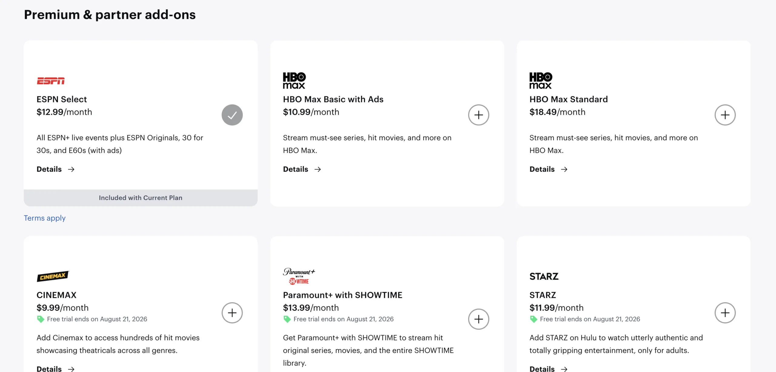 Hulu Add-Ons Page 2026 A screenshot of the add-ons section of the Hulu account management page.