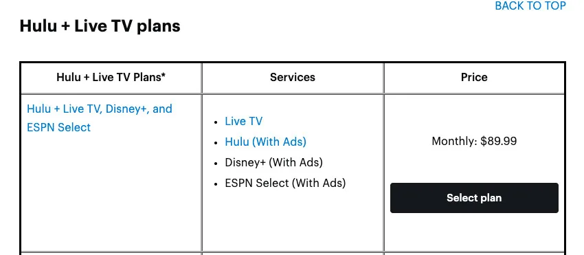 Hulu + Live TV Free Trial 2026 Screenshot of Hulu website showing details of its Hulu + Live TV plans.