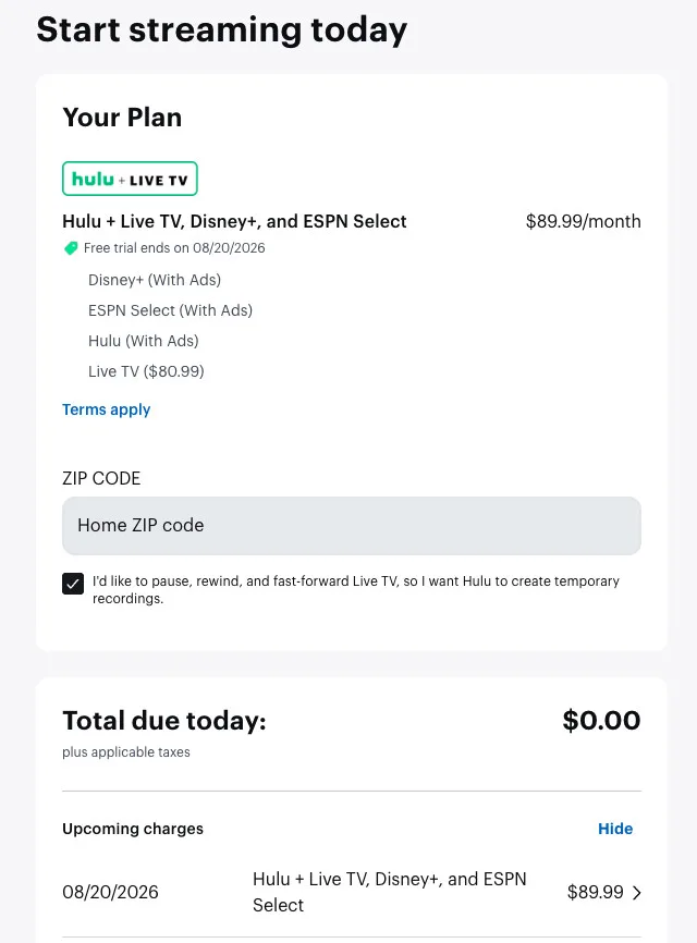 Hulu + Live TV Free Trial Payment Page 2026 Screenshot of Hulu + Live TV payment page showing a total of $0.00 for 3 days (free trial).