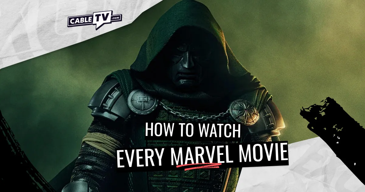 "How to Watch Every Marvel Movie", CableTV.com. Text is over a picture of Dr. Doom.