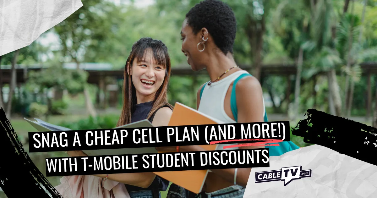 Two students walking and smiling with the text "Snag a cheap cell plan (and more!) with T-Mobile student discounts"