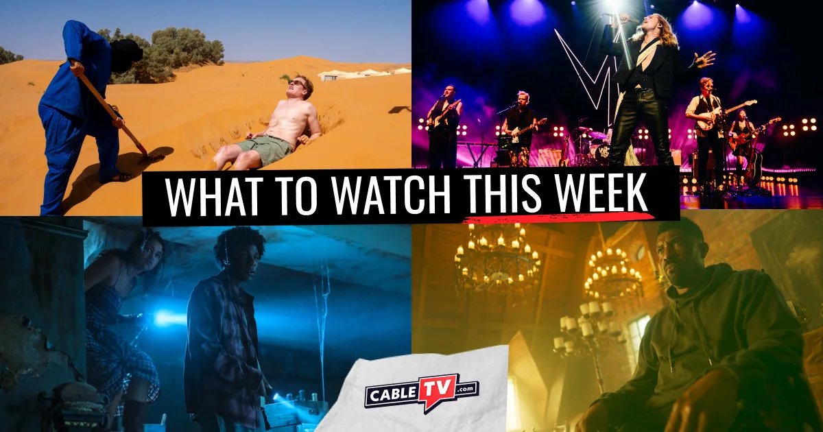 A collage of images from "Conan O'Brien Must Go," "The Vampire Lestat: One Night Only LIVE," "Outer Banks," and "Average Joe," movies and shows covered in CableTV.com’s What to Watch This Week column for Aug. 17–23.
