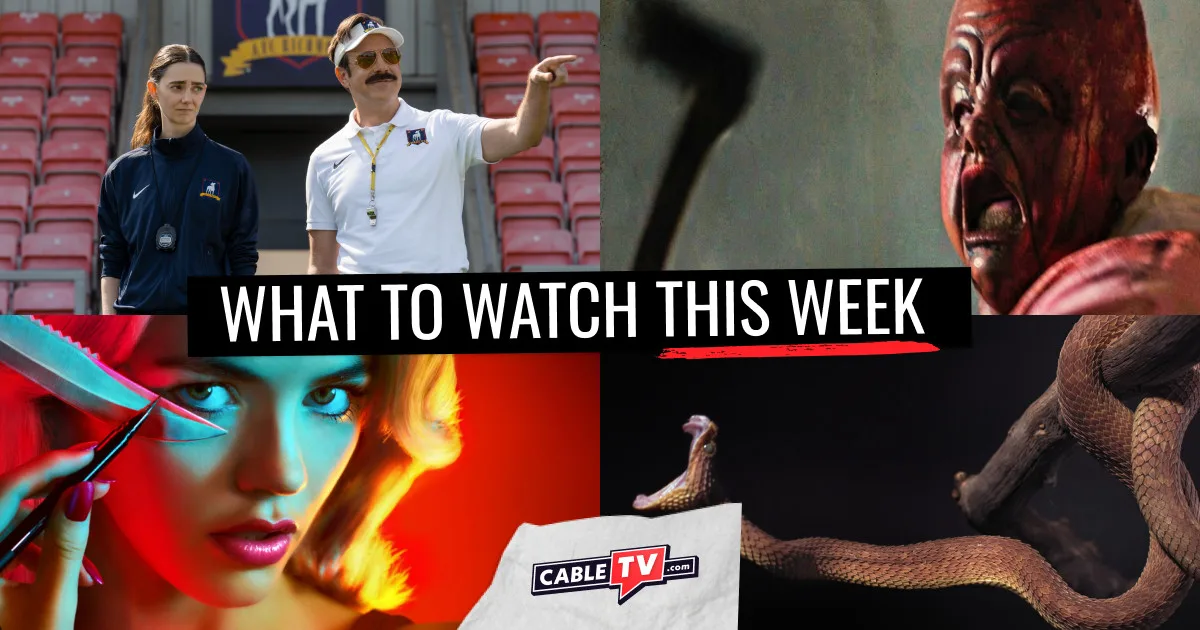 What to Watch This Week - Aug. 3–9 A collage of images from "Ted Lasso," "Big Baby," "The Shards," and "Monsters of God," movies and shows covered in CableTV.com’s What to Watch This Week column for Aug. 3–9.