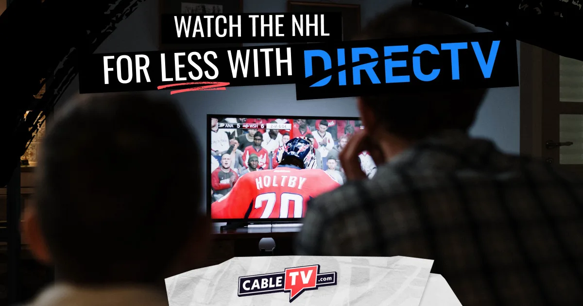 Image of two people watching hockey on TV with the text "Watch the NHL for less with DIRECTV"