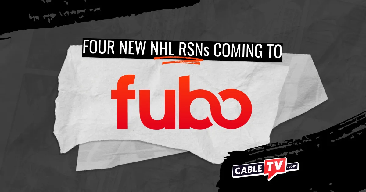 The Fubo logo with text that reads "Four new RSNs coming to Fubo" on a black and gray background.
