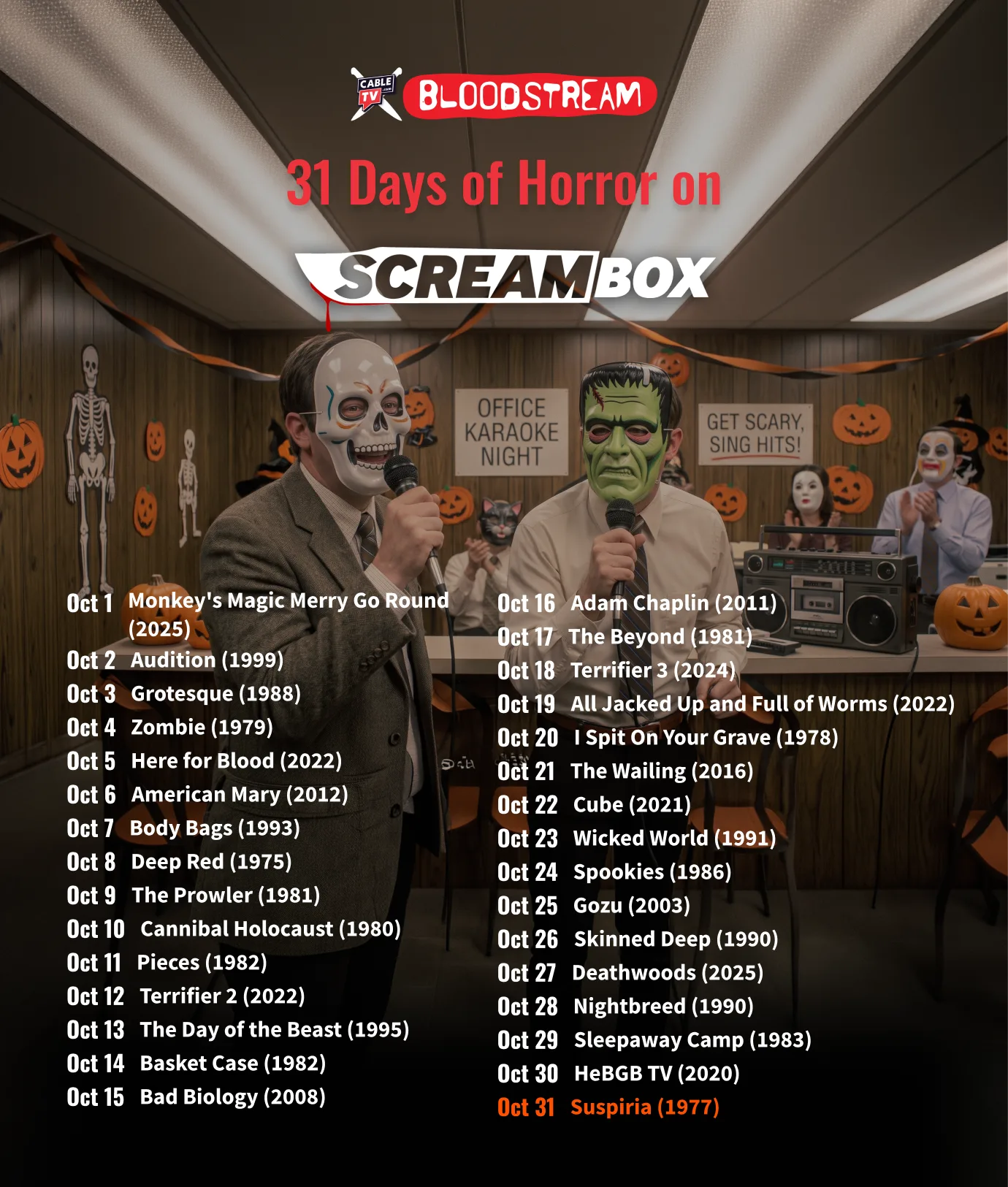 Horror Movies on Screambox - Oct. 2026 In a 1980s-style office, masked coworkers sing karaoke. Text at the top of the image says “CableTV.com Bloodstream, 31 Days of Horror Movies on Screambox.” Text at the bottom has horror movie recommendations for October 2026.