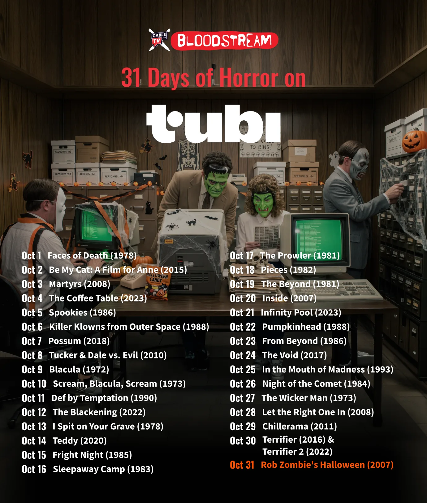 Horror Movies on Tubi - Oct. 2026 In a 1980s-style office decorated for Halloween, the costumed staff bustles about. Text at the top of the image says “CableTV.com Bloodstream, 31 Days of Horror Movies on Tubi.” Text at the bottom of the image has horror movie recommendations for October 2026.