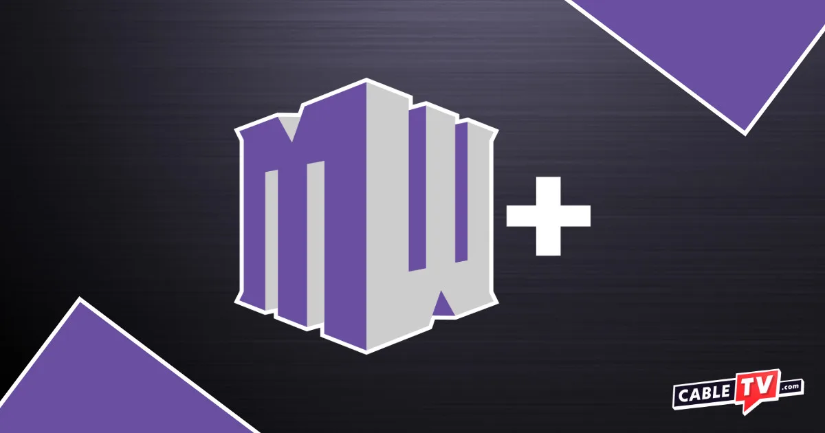 Purple and silver MW+ logo on black background