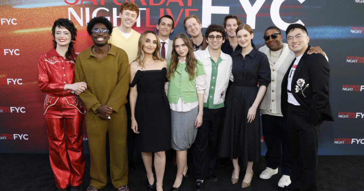 SNL51_1200x630 The cast of "Saturday Night Live" season 51 stand in front of a sign that says "Saturday Night Live FYC."