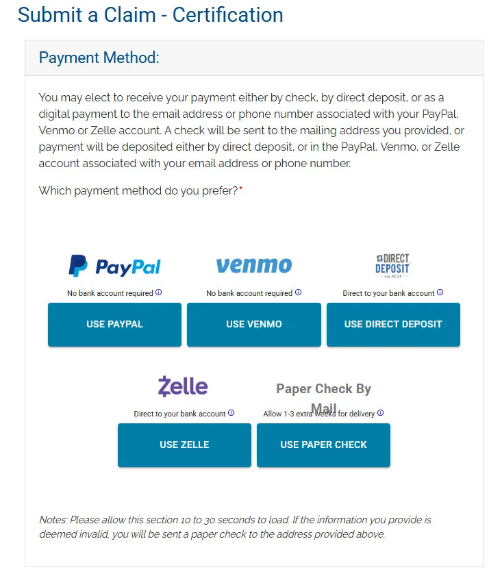 SettlementPayments A screenshot showing multiple payout options, including PayPal and Venmo.