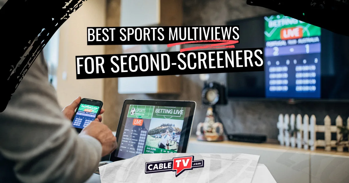 A man watches a live sporting event on TV while also following other events on a laptop and phone. Text on the graphic says "Best sports multiviews for second-screeners."