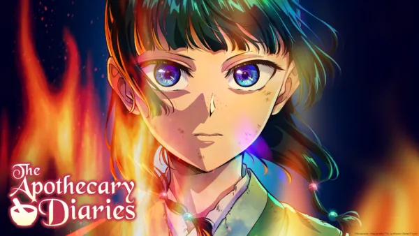 TheApothecaryDiaries_S3_KV_16x9_3840x2160_LogoLeft_Copyright_en-US "The Apothecary Diaries." A girl with green hair stares at the viewer through flames.