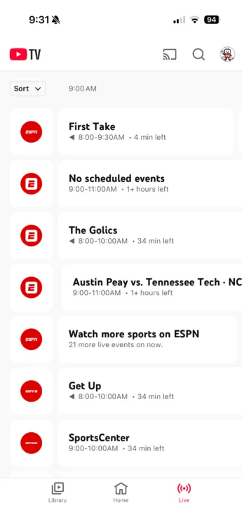 A screenshot of the YouTube TV interface on mobile showing ESPN Unlimited channels.