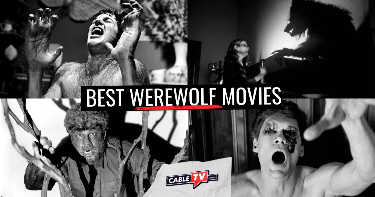 A collage of stills from An American Werewolf in London, The Howling, Silver Bullet, and The Wolf Man showing werewolves in various situations.