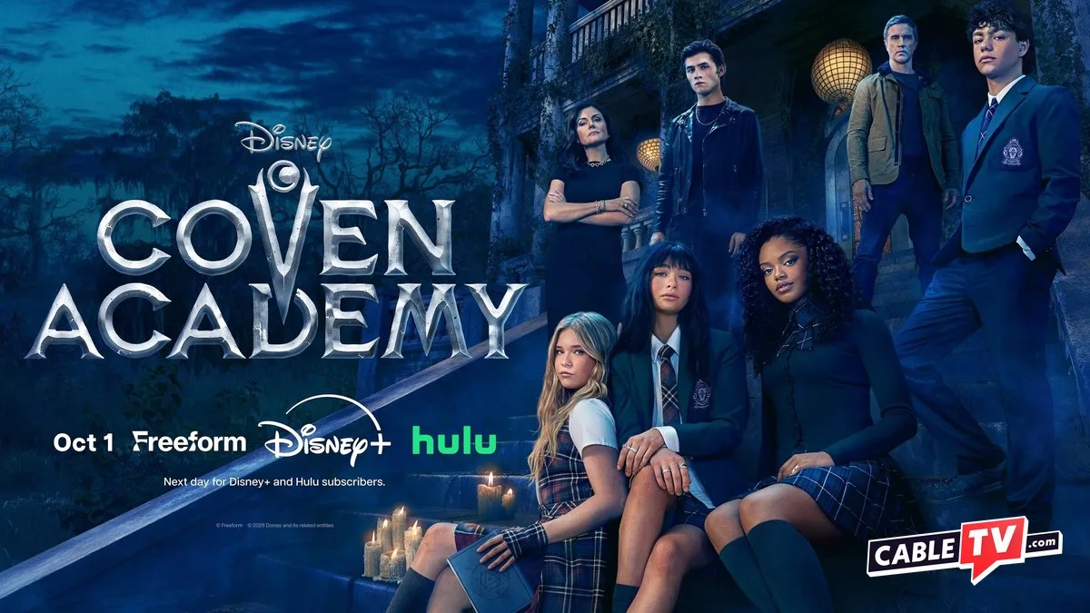 Coven Academy cast next to Disney+, Hulu, and CableTV.com logos.