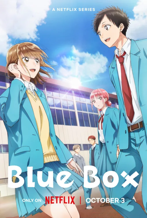 en_us_bb_main_main_vertical_27x40_rgb_pre_1_OPT2 "Blue Box: Netflix October 3." Several students in blue jackets stand in front of a school.