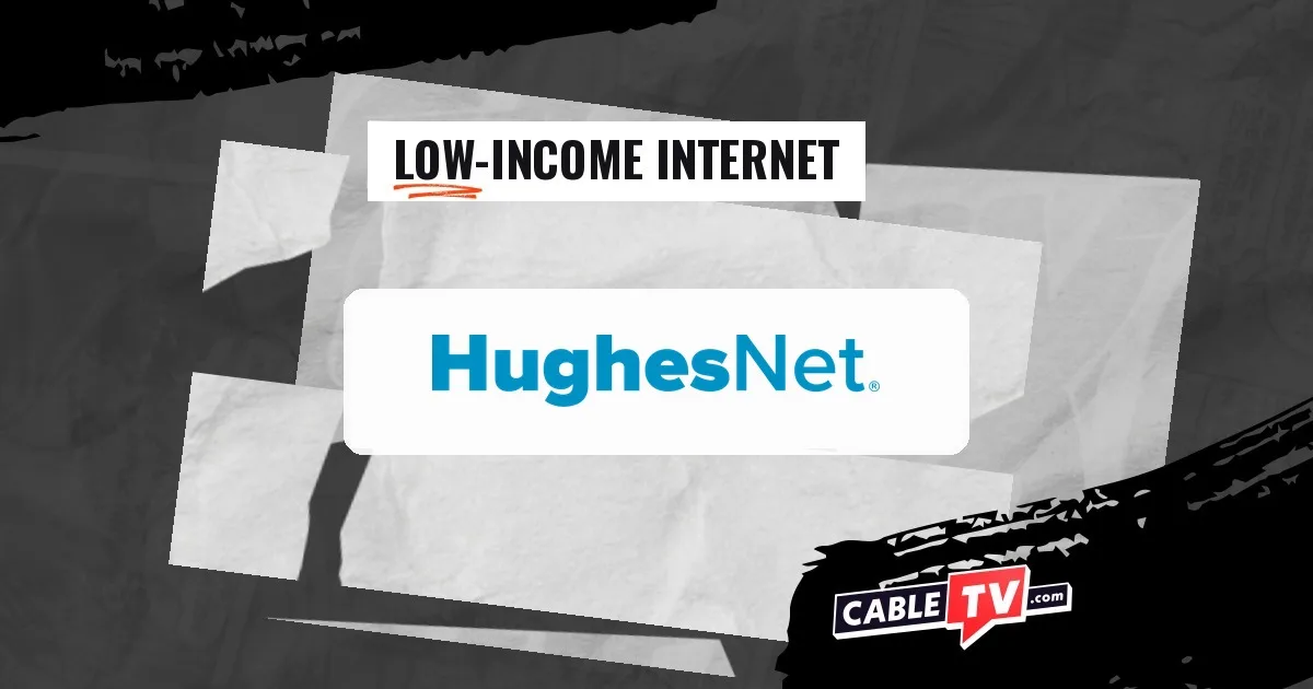 Hughesnet logo on a stylized background with the text "Low-Income Internet"
