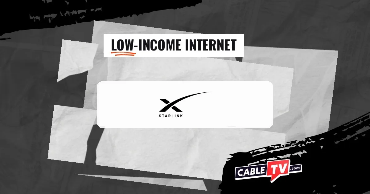 Starlink logo on a stylized background with the text "Low-Income Internet"