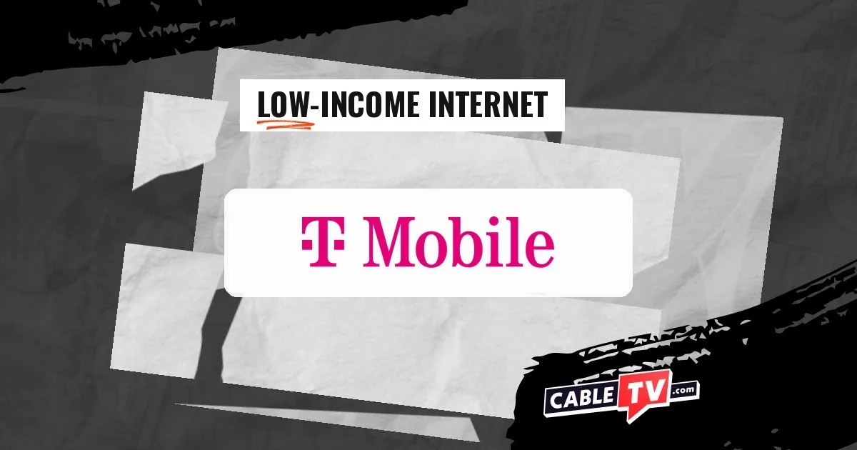 T-Mobile logo on a stylized background with the text "Low-Income Internet"