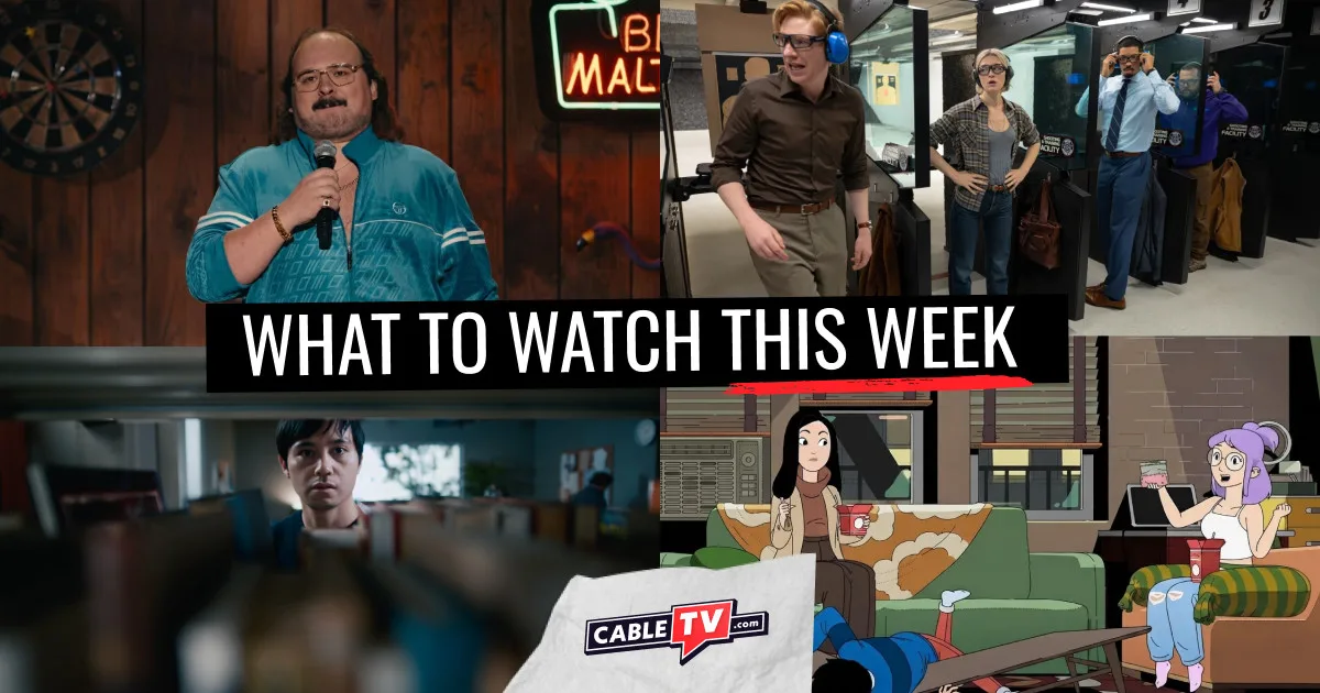 A collage of images from "Stavros Halkias: Uncle Stav," "Dang!," "Last Seen," and "The Terrors of Jordan Mendoza" movies and shows covered in CableTV.com’s What to Watch This Week column for Sep. 7–13.