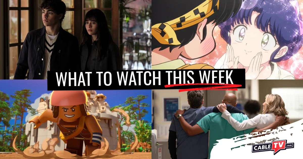 A collage of images from "Coven Academy," "Ranma 1/2," "Scrubs," and "LEGO One PIece," shows covered in CableTV.com’s What to Watch This Week column for Sept. 28–Oct. 5.