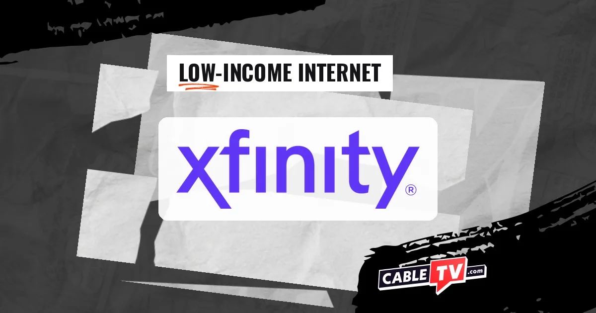 Xfinity logo on a stylized background with the text "Low-Income Internet"