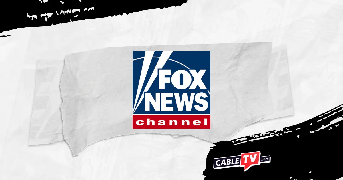The Fox News logo on a torn gray paper banner against a pale newspaper collage.