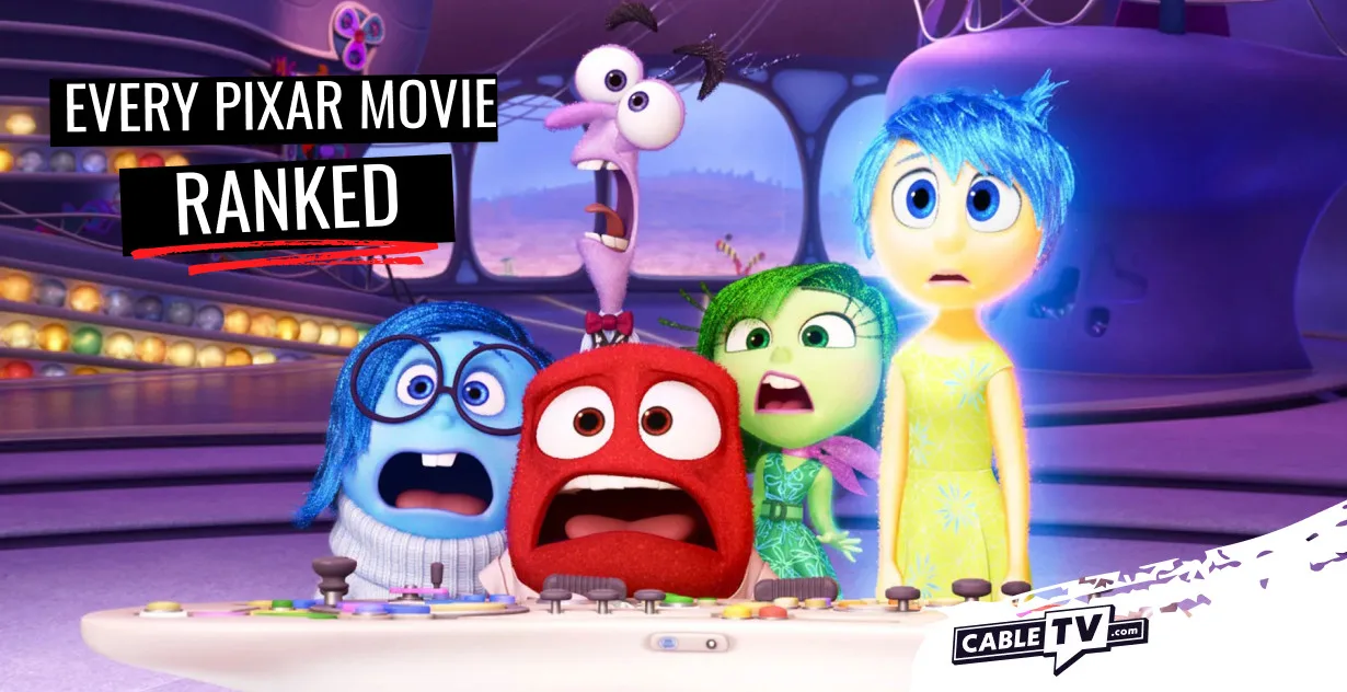 Inside Out 2 characters look shocked at a control panel. Text reads “Every Pixar Movie Ranked,” with the CableTV.com logo in the bottom-right corner.