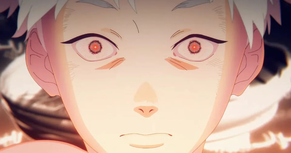 A boy with white hair and red eyes stares into the camera.