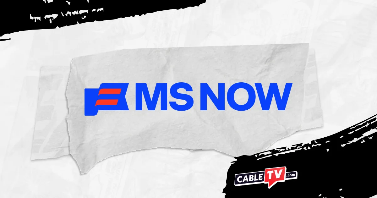 The MS NOW logo on a torn gray paper banner against a pale newspaper collage.