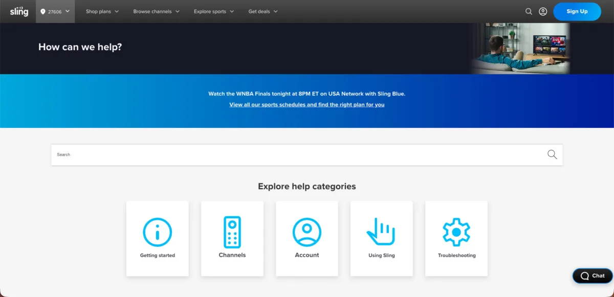 Screenshot of Sling help page showing different help categories.