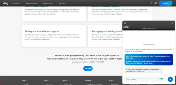 Image of Sling's contact us page showing its live chatbox in the corner