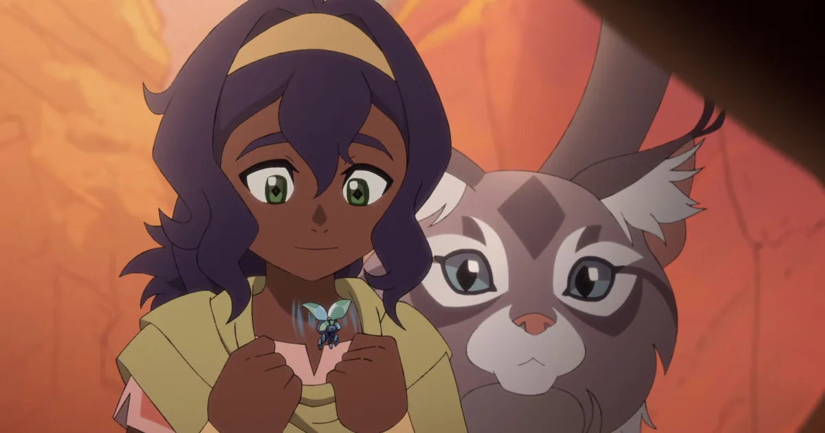 Pavi, a young girl with dark skin and hair, smiles as she interacts with a small blue beetle. A large cat stands behind her.