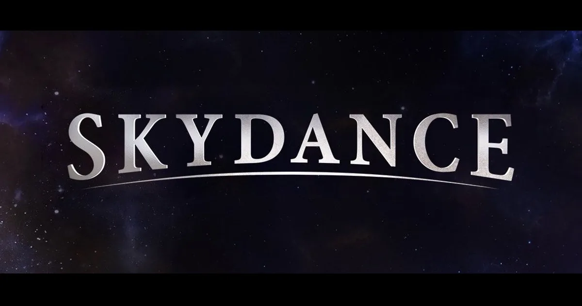 The word "Skydance" in all caps, written in silver letters against a dark, starry sky.