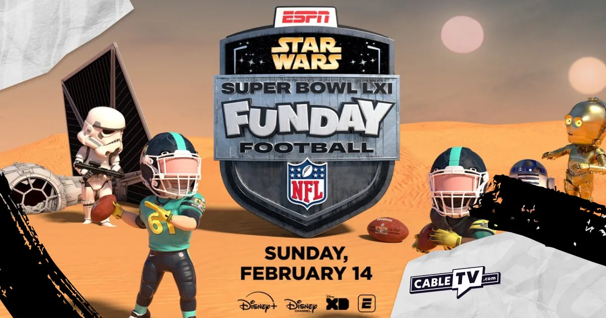 Star Wars Funday Football promotional artwork featuring animated NFL players and Star Wars characters.