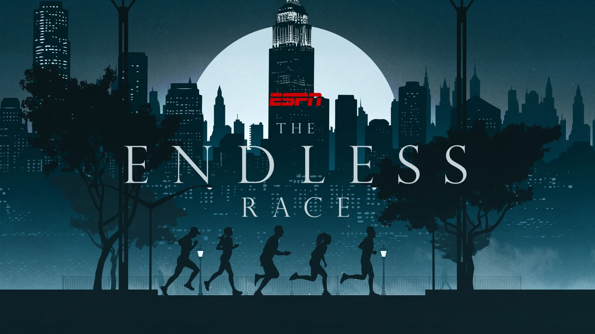 Graphic of silhouetted people running with New York City in the background, and text reading 'ESPN, The Endless Race.'