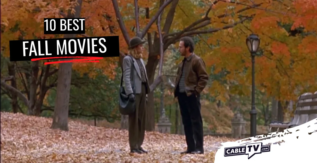 A man and woman in a park in the fall with the text “10 Best Fall Movies” in the corner.
