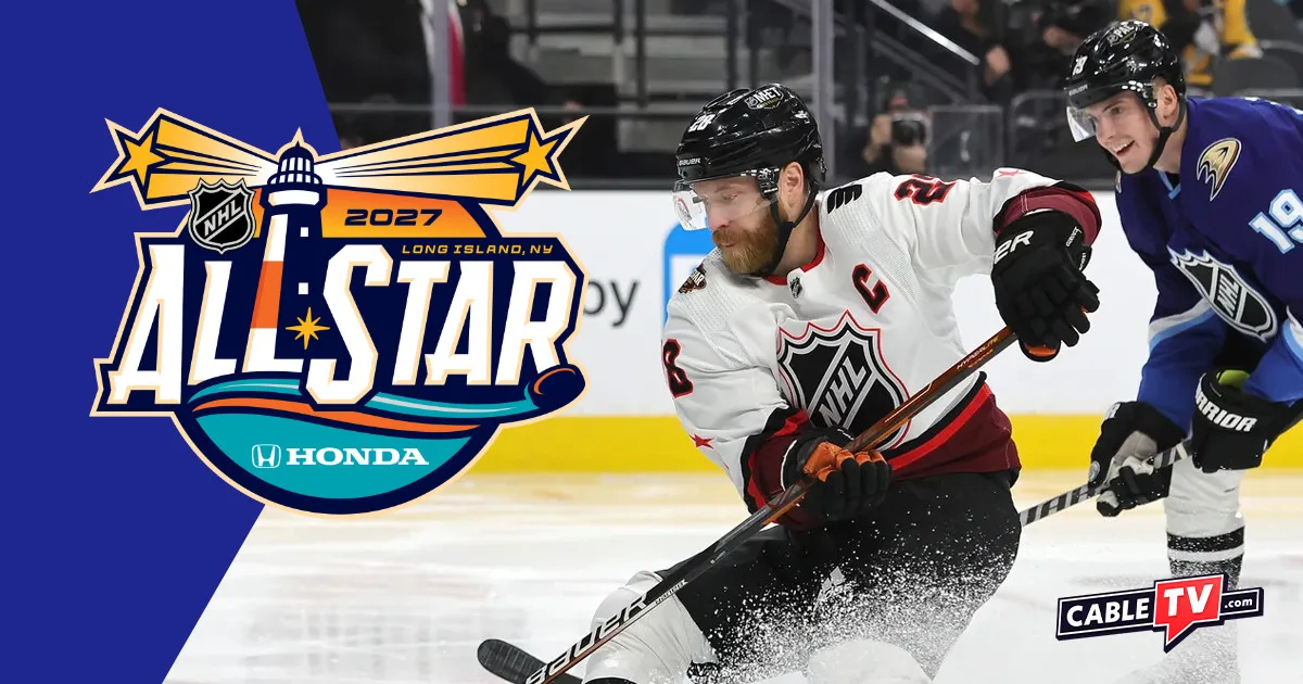 Action shot of NHL hockey alongside All-Star 2027 logo.