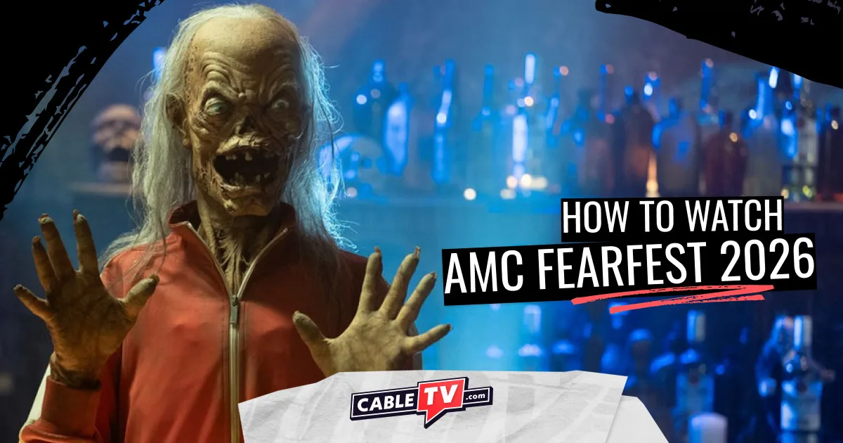 The withered, stringy-haired Crypt Keeper tends bar in a promotional image for AMC FearFest 2026.