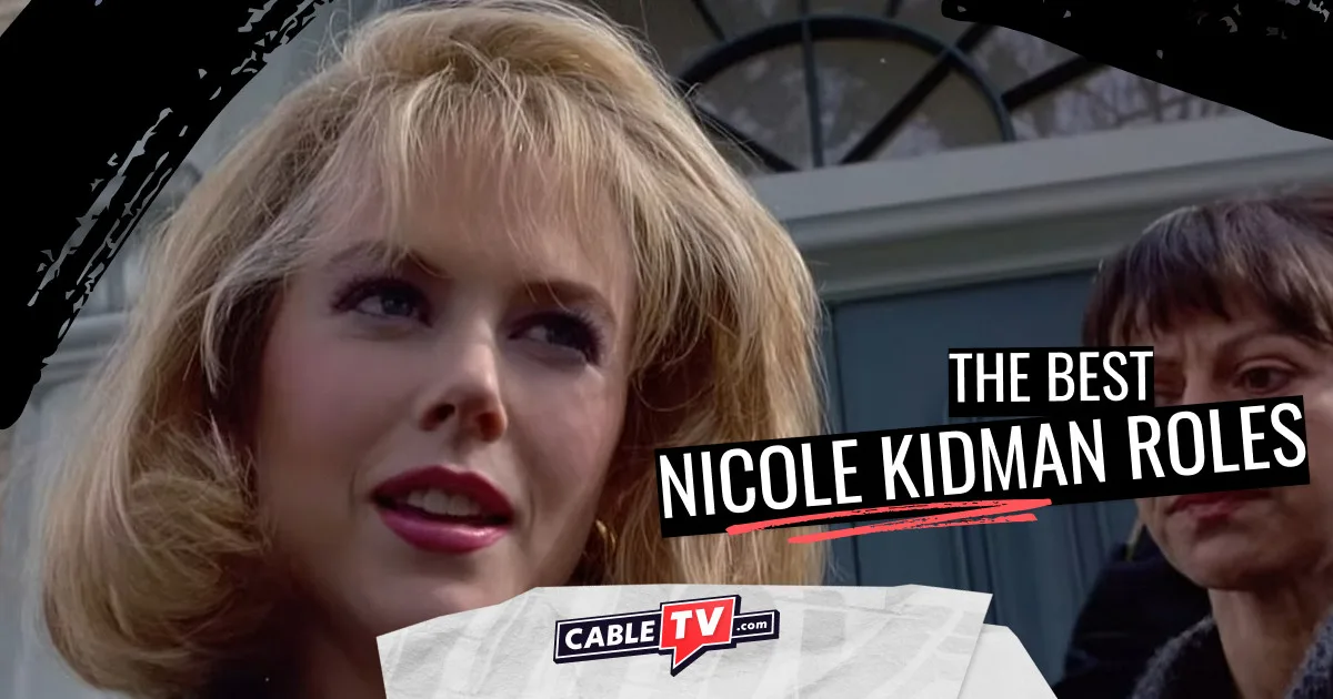 A close-up shot of NIcole Kidman addressing reporters on courthouse steps in "To Die For".