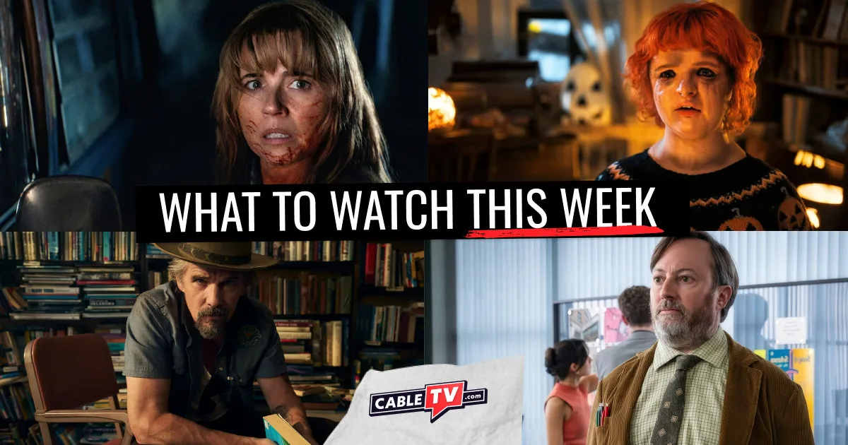A collage of images from "Crystal Lake," "Ludwig," "The Lowdown," and "Hallowarrior," shows and movies covered in CableTV.com’s What to Watch This Week column for Oct. 12–18.