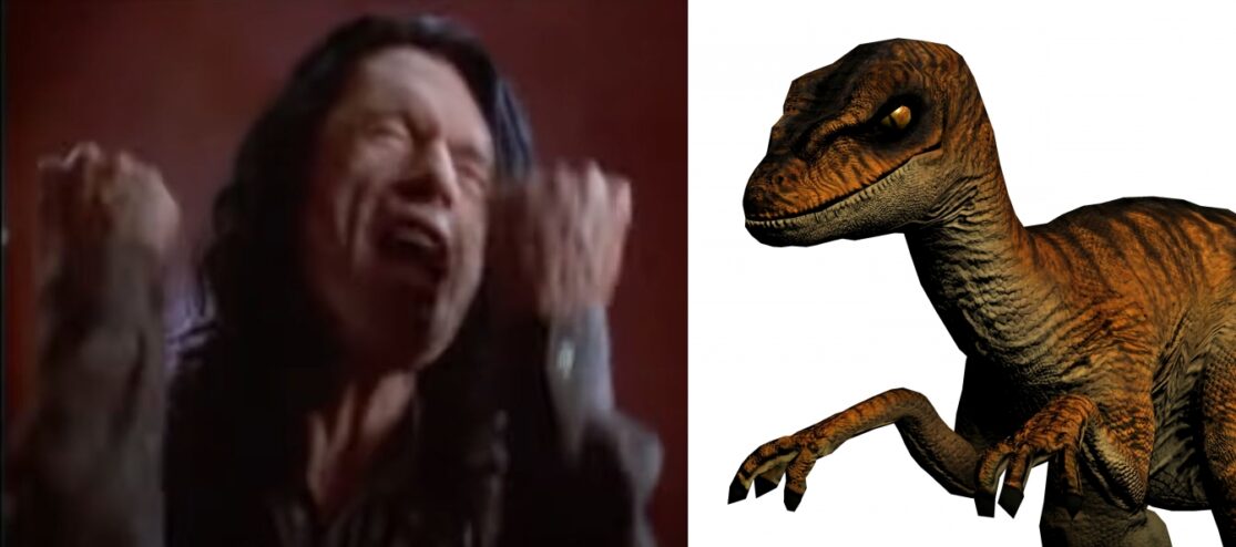 Side-by-side photos of Tommy Wiseau and a Velociraptor.