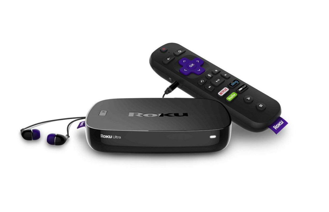 The Roku Ultra device, remote, and ear buds