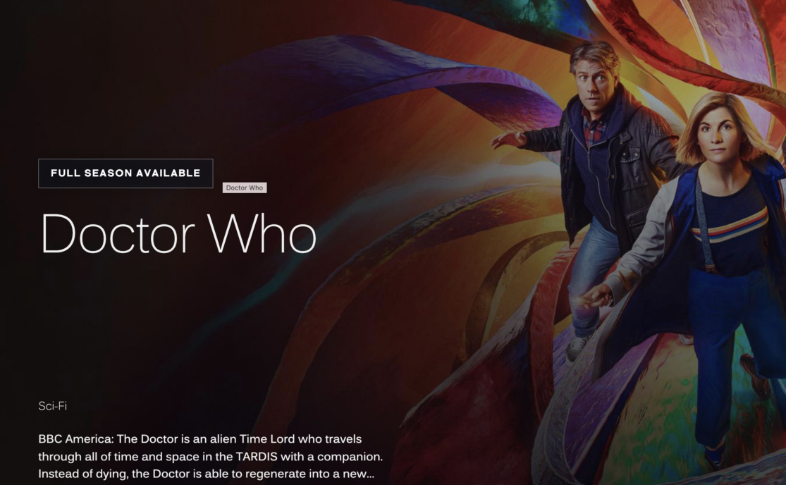 Screenshot of BBC’s Dr. Who show that airs on AMC+.