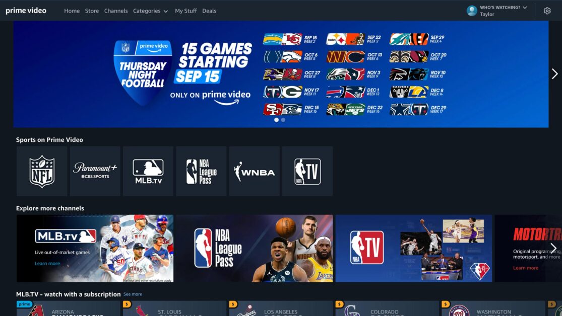 The live sports storefront on Amazon Prime Video displays rows of league content and channel offerings.