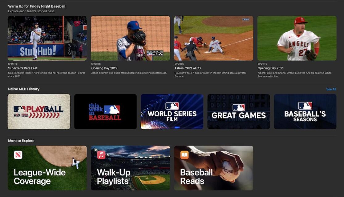The MLB Hub on Apple TV Plus displays rows of featured videos and full match replays.