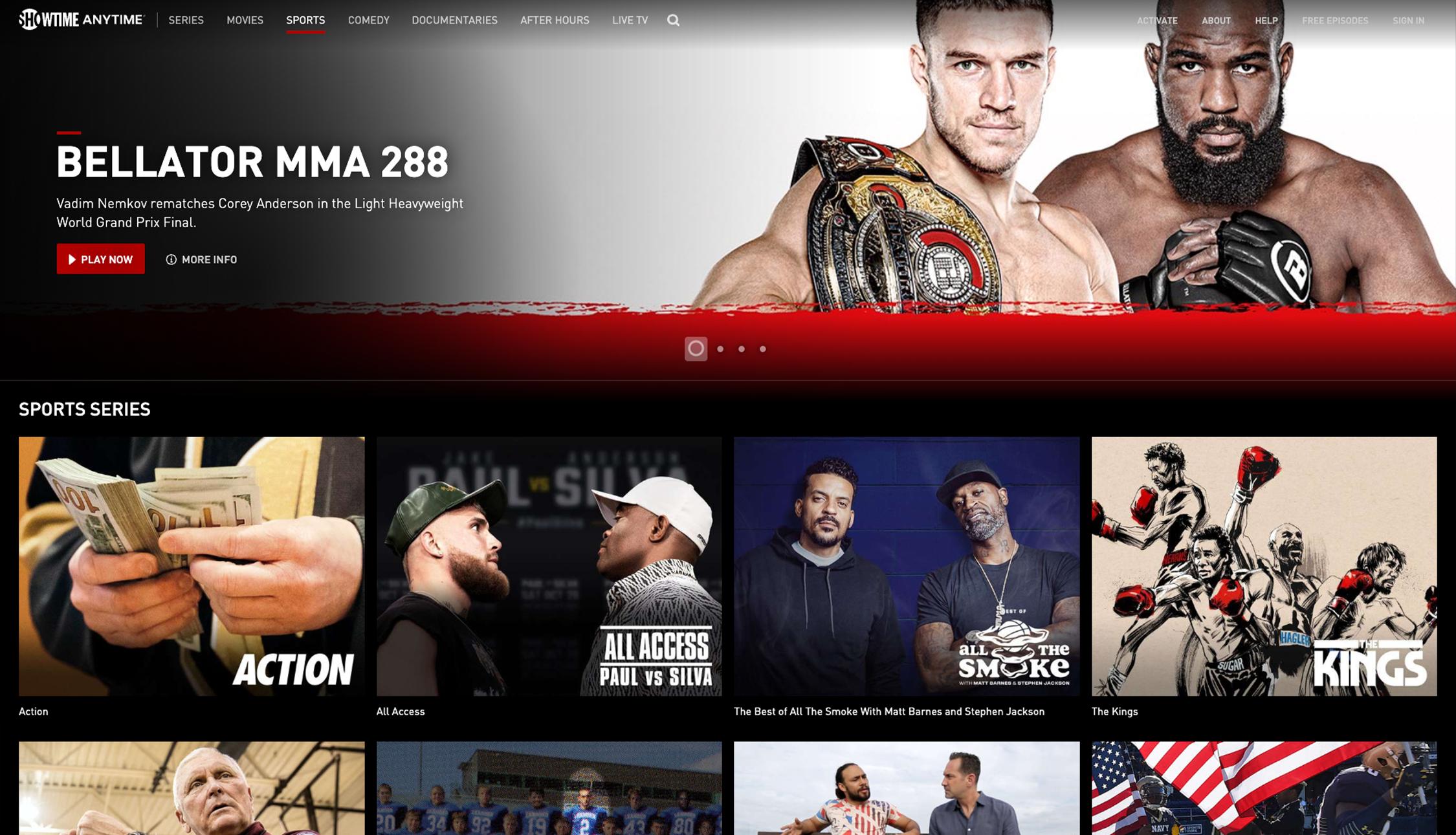 The SHOWTIME Anytime sports hub displays rows of sports-themed content with a banner of the next Bellator MMA event at the top.