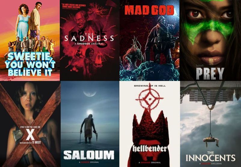 A collage of Blu-ray covers for Sweetie, You Won't Believe It, The Sadness, Mad God, Prey, X, Saloum, Hellbender, and The Innocents.