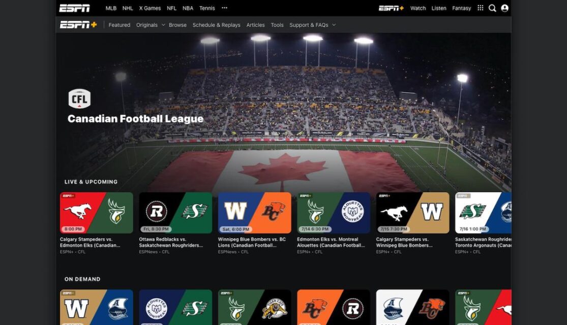 The CFL hub page on ESPN Plus shows rows of live and upcoming events and on-demand games.
