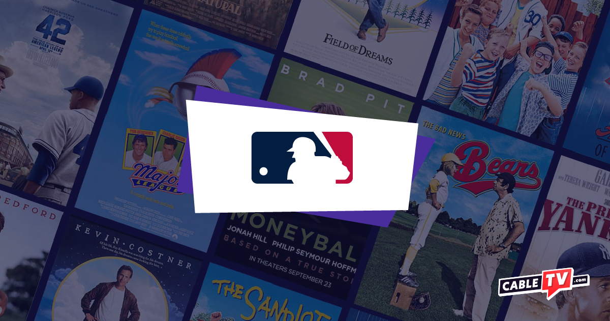 MLB logo with baseball movie posters in the background.